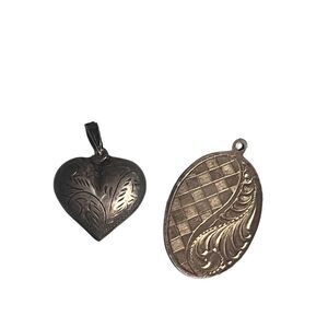 Two Vintage Sterling Silver Etched Puffy Heart & Oval Etched Necklace Pendants
